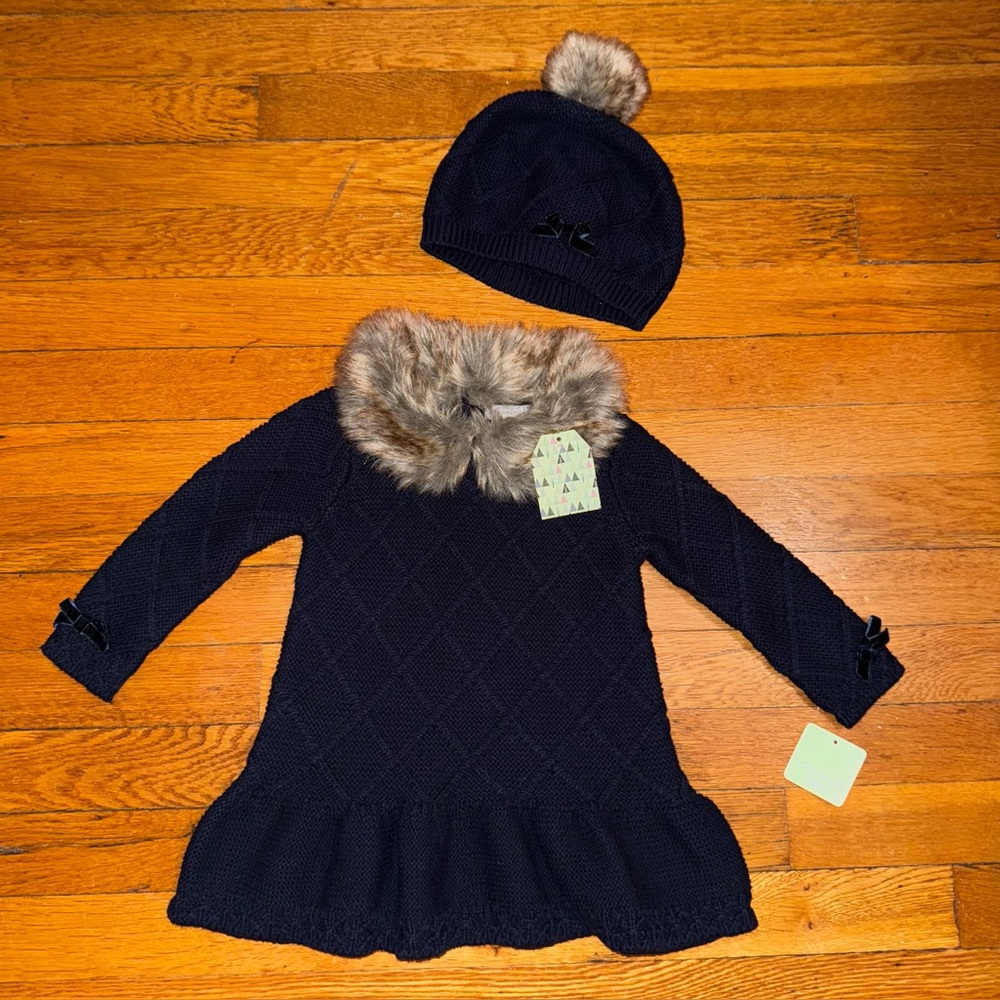 Tahari Baby Navy Sweater Dress with Faux Fur Collar NEW plus Hat